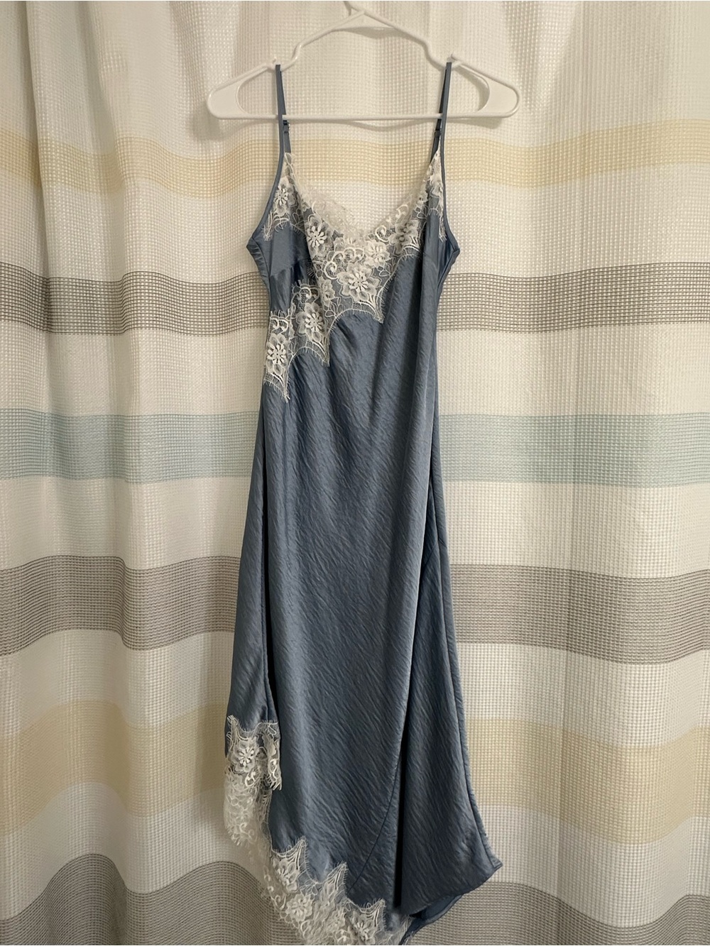 Anthropologie Slate Blue Asymmetrical Slip Dress with Ivory Lace